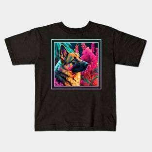 Pensive German Shepherd Floral Vibrant Tropical Digital Oil Painting Pet Portrait Kids T-Shirt